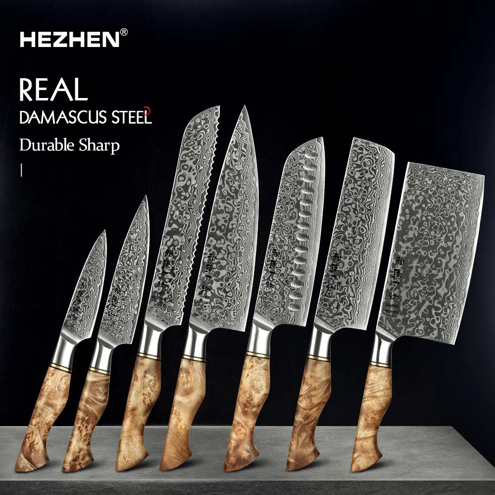 HEZHEN Kitchen Knife Set 1-7PC Damascus Steel knives Professional Chef Knife