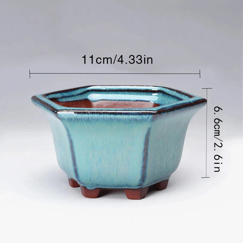 Pottery Flower Pot Bowl Glazed Ceramic Succulent Planter Pot with Hole Polygonal Artistic Ornament for Outdoor Home Garden