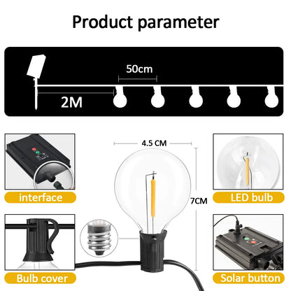 Solar String Lights Outdoor G40 Patio Lights,USB Recharger, 8Light Mode ,Shatterproof Bulbs , Weatherproof Hanging Light