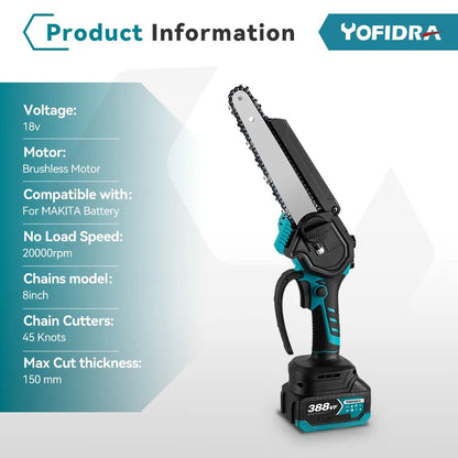 Brushless 8 Inch Mini Electric Chainsaw Rechargeable Makita 18V Battery