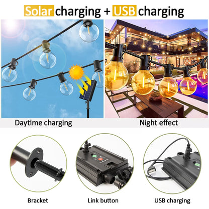 Solar String Lights Outdoor G40 Patio Lights,USB Recharger, 8Light Mode ,Shatterproof Bulbs , Weatherproof Hanging Light