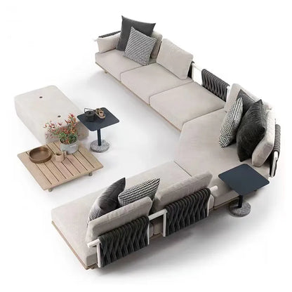 Premium Luxury Outdoor Sofa Rattan Woven Solid Wood L-shaped Sofa Villa Garden Patio Combined Furniture Set